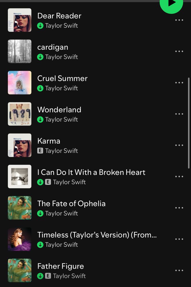 Dear Reader
Taylor Swift
cardigan
Taylor Swift
Cruel Summer
Taylor Swift
Wonderland
Taylor Swift
Karma
Taylor Swift
I Can Do It With a Broken Heart
Taylor Swift
The Fate of Ophelia
Taylor Swift
Timeless (Taylor's Version) (From...
Taylor Swift
Father Figure
Taylor Swift
