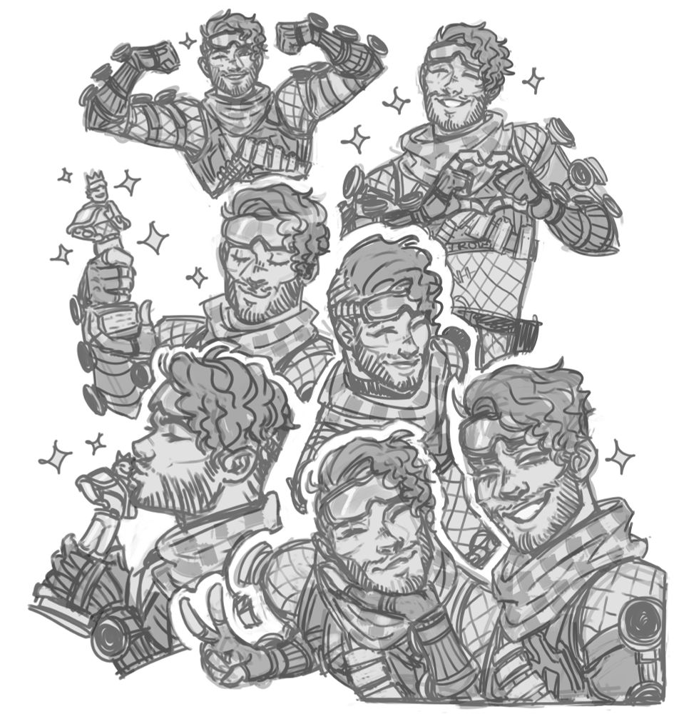 a compilation of sketchy illustrations of mirage from apex legends - flexing and winking , posing smugly with his heirloom (a statue of himself), making heart hands, kissing his heirloom, and one where he's smiling and holding his palm out for his decoy to rest its chin on, akin to a little dog video