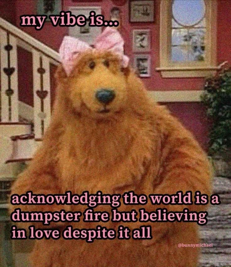 Meme image: large puppet brown bear in a pink bow
Meme text: my vibe is...
acknowledging the world is a dumpster fire but believing in love despite it all
@bunnymichael
