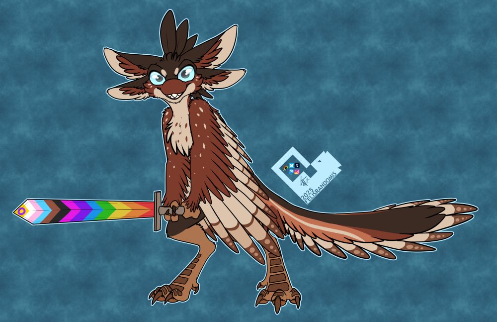 A red, brown, and tan avali, facing the viewer. He has a violent grin on his face and is holding a sword colored in the pride flag colors. 