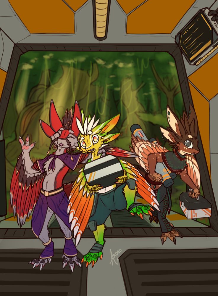 A candid shot of three avali getting into an avali spaceship. The avali on the left is waving at the camera and has his arm around the shoulders of the avali in the middle. He is looking pleased with himself. The avali in the middle has been pulled off balance and is in danger of dropping the box he's holding. He looks startled. The avali on the right looks surprised at the camera as he hauls a large tube and a sample crate on board.