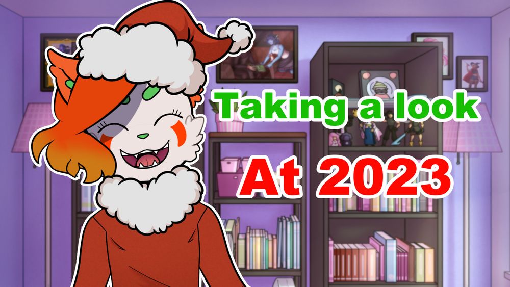 Youtube thumbnail of a white anthropomorphic cat wearing a red shirt with a fuzzy white collar, as well as a red santa hat. They are smiling broadly. To their right are the words "Taking a look" in green and "at 2023" in red.