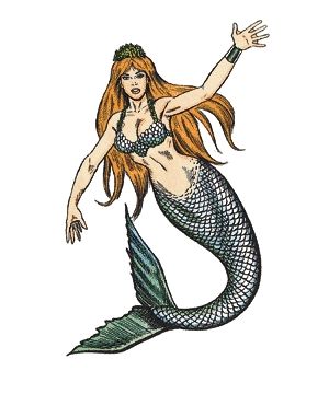 A mermaid waves at the viewer. She is depicted with the torso of a white woman with blonde hair and a scaley bra as well as a matching crown. Her hands are also webbed. 
