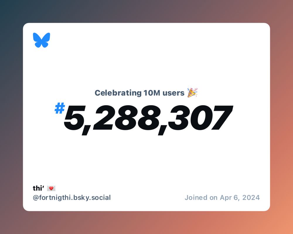 A virtual certificate with text "Celebrating 10M users on Bluesky, #5,288,307, thi’ 💌 ‪@fortnigthi.bsky.social‬, joined on Apr 6, 2024"