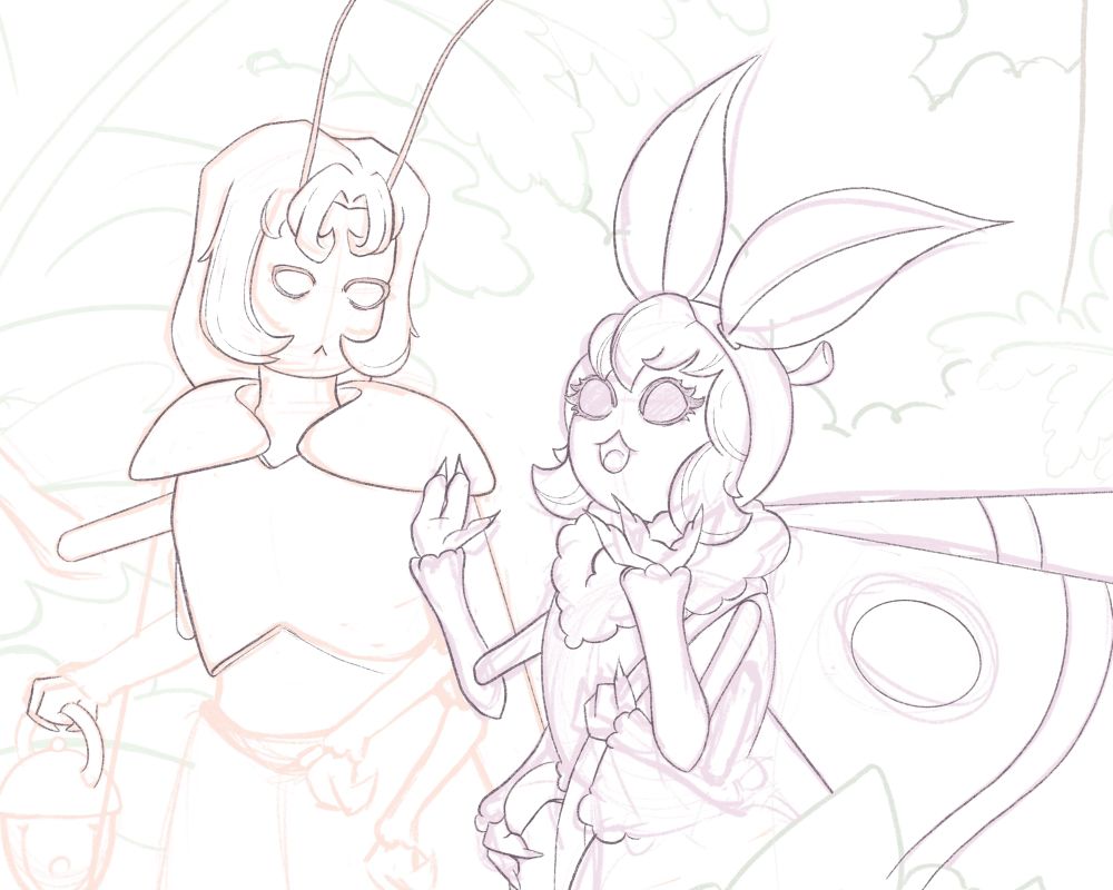 Unfinished line art in dark brown over a colorful rough sketch. It depicts two insect like faeries, one a Moth and one a Firefly, making their way through the underbrush of a lush forest. Moth speaks animatedly with their hands, while Firefly listen quietly. 