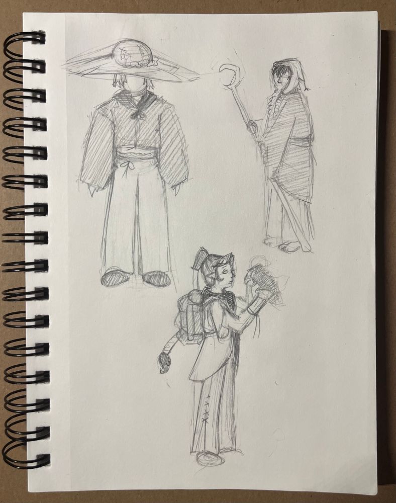 The start of a new DnD character design: city-bound Druid. A series of quick initial sketches exploring various shapes and aesthetics. One is very thin with oversized blocky clothes. The second is one is heavy and subdued with a variety of drooping shapes. The last is more streamlined and put together with sleek shapes. 
