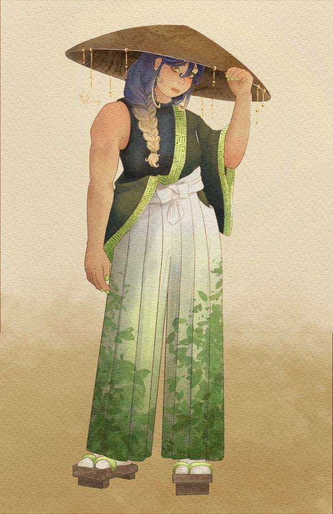 A digital watercolor portrait of a DnD character. They’re a Human woman with long blue hair, dyed yellow at the ends, braided over her shoulder. She has a wooden hat on her head with gold chains decorating it. She’s wearing a kimono style top in green tucked into a pair of white and green hakama pants. She also has a pair of brown and green geta. 