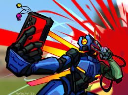 It’s an image of V1 from Ultrakill, taking a photo of itself on a red phone. V1 has the Whiplash equipped. Behind V1, a large amount of blood is visible.