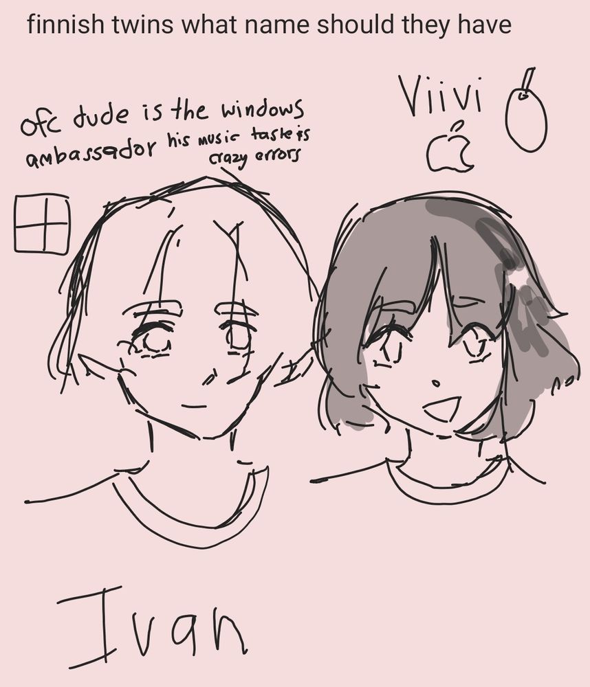 example: origins of the sinilainen twins

top text says: "finnish twins what name should they have"

aivan, initially named ivan, as described:
"of course dude is the windows ambassador, his music taste is crazy errors."

viivijan kept her name, and i just thought of her name from "oliivi", finnish for olive because "mitä vittua oliivi".

this is because at the time of their conception in june, i was really into the finnish language after eurovision 2024.