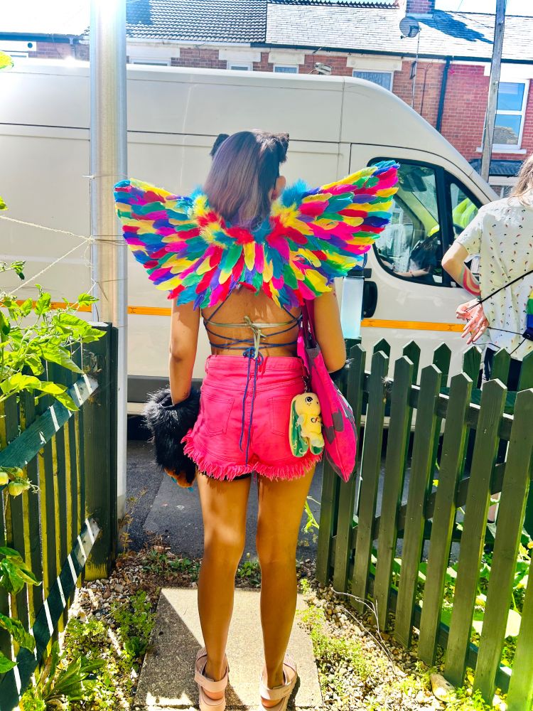Percy leaving—pink hot pants, rainbow wings wolf ears:
It is a LOOK!