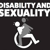 Image with a title of Disability and Sexuality with an image of a man in a wheelchair having sex with a woman on top of him.