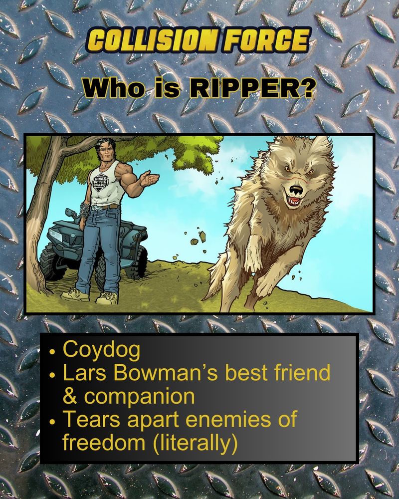Ripper, a fierce coydog, is running towards the viewer, directed by Lars Bowman, who is standing in front of his ATV.