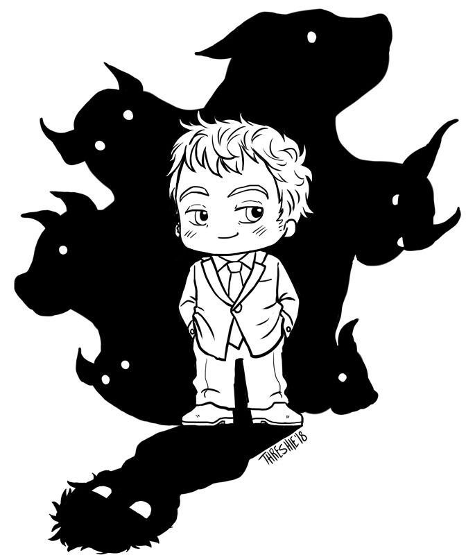 Black and white chibi art of Crowley from Supernatural, a man with short hair and strong brows wearing a suit and tie with nice dress shoes. He's framed by black shadow hellhounds with white pinpoints for eyes, and at the bottom, his own shadow also has glowing white eyes, showing that he's actually a demon.