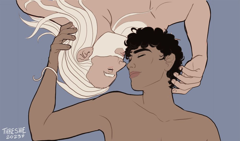 Digital art of two men, one with long blond hair and beard and tanned skin, the other with brown skin and short curly dark hair.