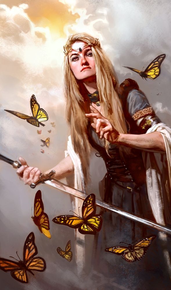 Woman holding a sword with a flock of butterflies around her