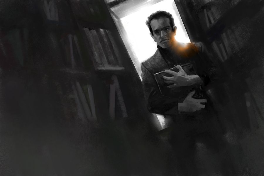 Guy in a library clutching a book to his chest, silhouetted against a window behind him 