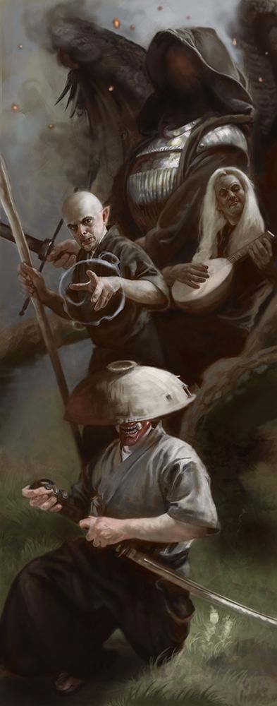 A DnD party of four, hooded armored figure with angelic wings, drow bard with lute, bald wizardly type, masked samurai