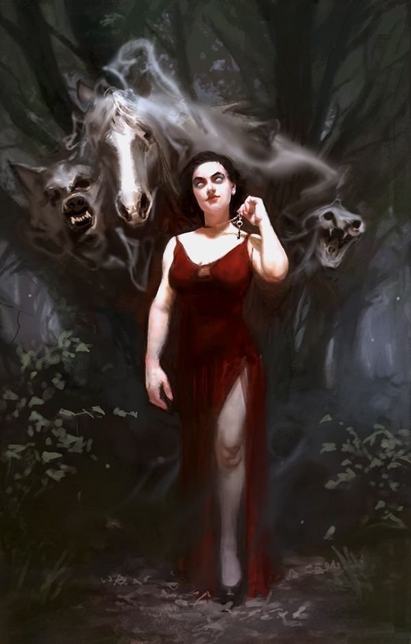 Spooky pale woman in woods surrounded by ghostly animals