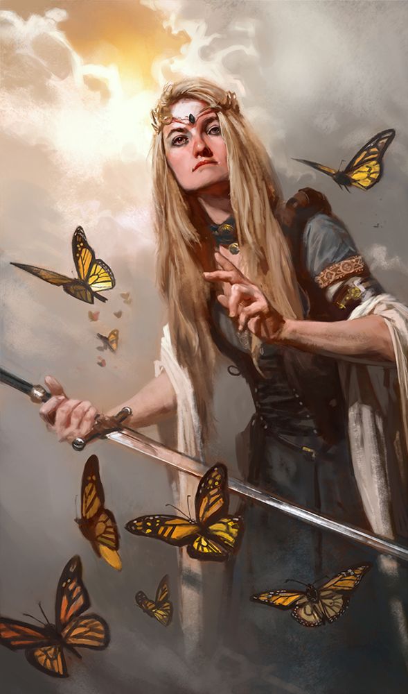 Woman holding a sword with butterflies around her
