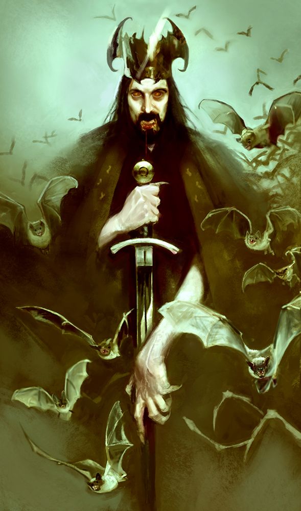 Vampire with gleaming sword, surrounded by a swarm of bats