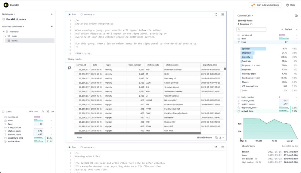 DuckDB UI showing a table with bar and density plots in a side panel