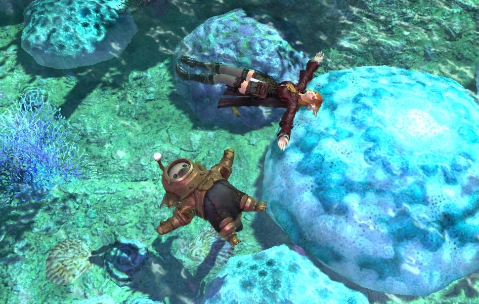 screenshot of ffxiv. wendy and a grebuloff are floating in the water together