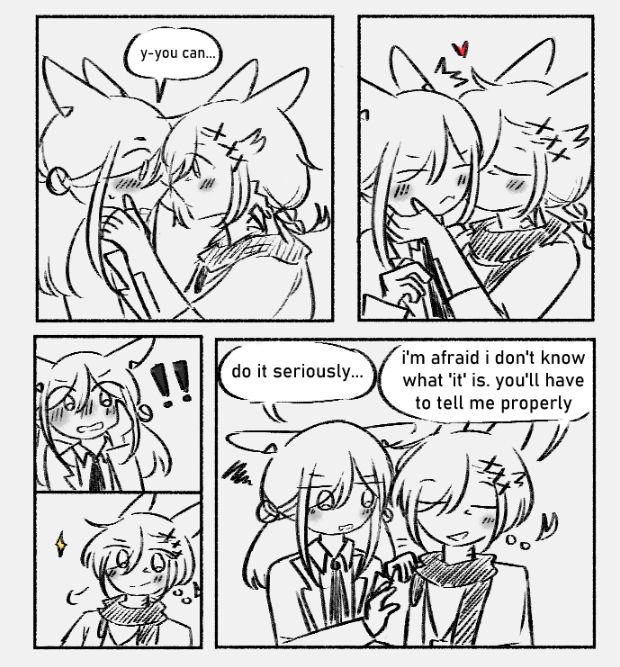 panel 1
wendy: y-you can...

panel 2
g'raha kisses wendy on the cheek instead on the lips which she thought he was going to aim for

panel 3
wendy is blushing while holding her cheek in surprise

panel 4
g'raha is smirking, feeling very victorious

panel 5
wendy: do it seriously...
g'raha: i'm afraid i don't know what 'it' is. you'll have to tell me properly 