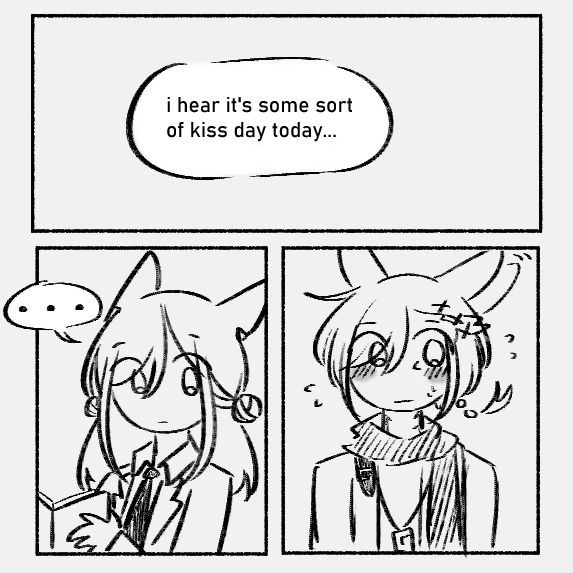 panel 1
g'raha: i hear it's some sort of kiss day today...

panel 2
wendy is holding a book, looking at g'raha

panel 3
g'raha is looking away nervously after what he said