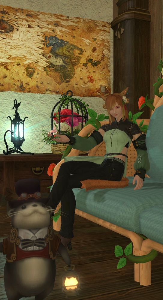 screenshot of wendy sitting on a couch in her apartment gesturing at the posher otter, who is close up to the camera and jumping around