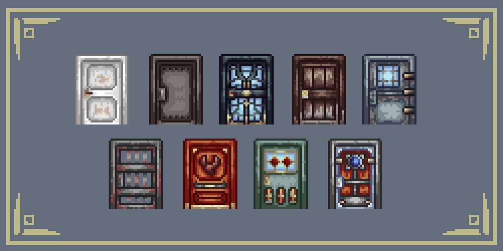 pixel art doors of different materials and details.