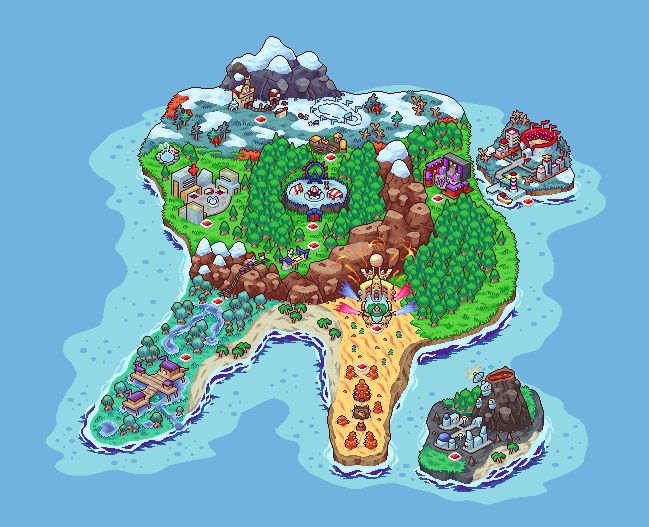 A pixel art continent map of a Pokemon region featuring several different biomes ranging from an island with an active volcano, Desert with adobe structures, a wetlands, vast forest and an icy mountain range with exquisite building details