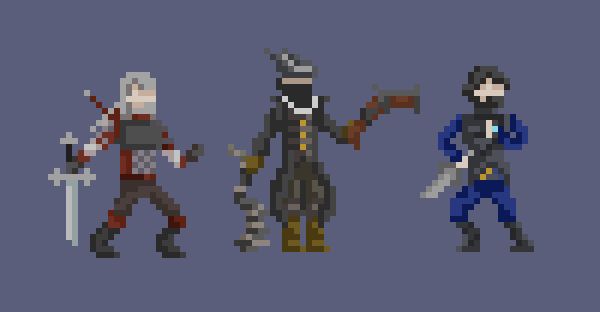 Old pixel art of Geralt from the Witcher, the Hunter from Bloodborne and Corvo from Dishonored 2.