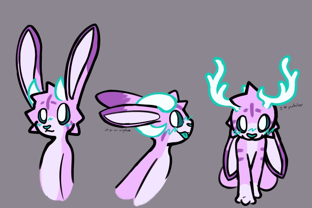 Three doodles of bunny fursona Lavender showing her with small goat horns, ram horns, and antlers