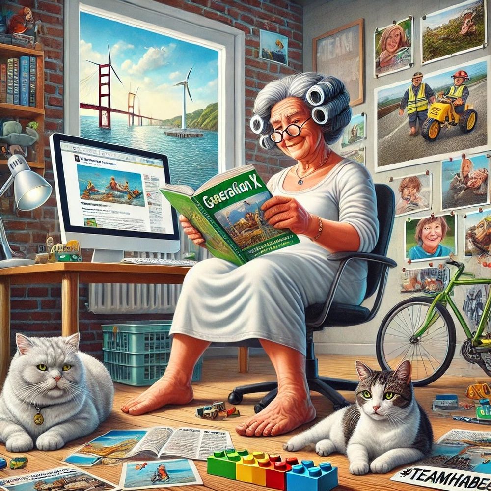 Bild erstellt aus ChatGPT zu meinen Angaben
 
"zetteleien. 
Lesen. Katzen. Fotografieren. Computer und Internet. Klemmbausteine. In der nds. Nordsee. Generation X. she/her. #linksgrünversifft #noafd #TeamHabeck" 

und mit zwei, drei erbetenen Überarbeitungen 