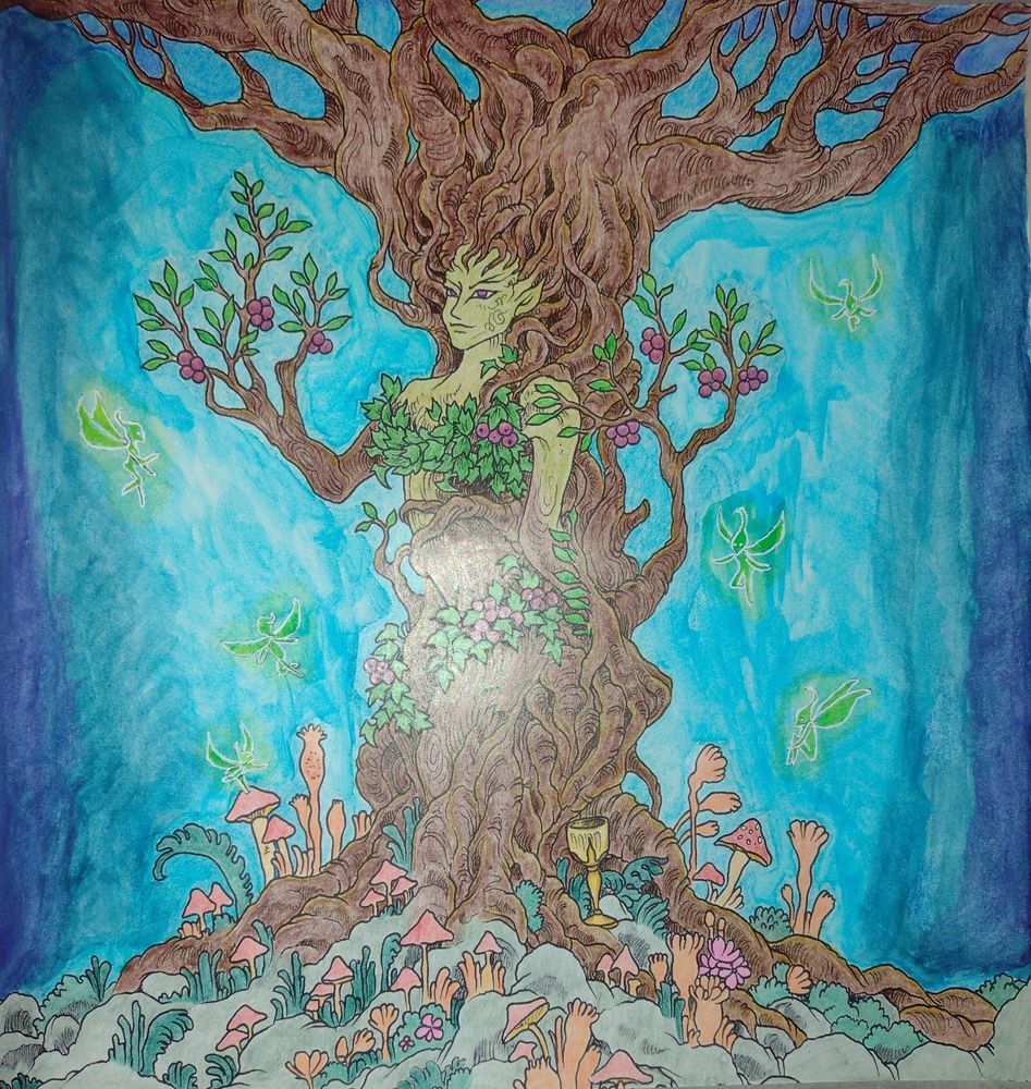 Dryad from Mythomorphia by Kerby Rosanes

A tree spirit is visited by six small fairies