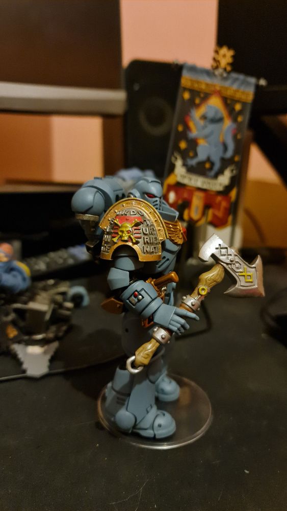 Joytoy Space Wolves intercessors with 3d printed pauldron and axe.