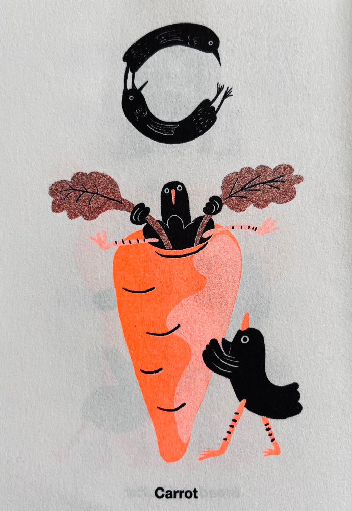 Risoprint illustration of two blackbirds playing with a carrot and two other birds forming the letter C with their bodies.