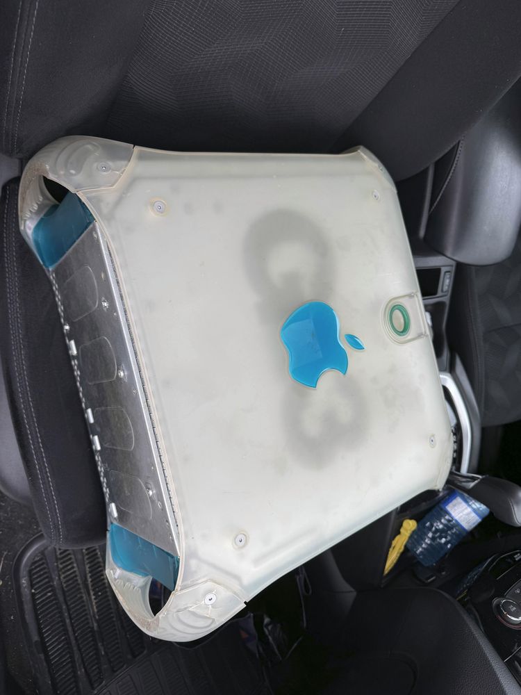 A crusty old Power Macintosh G3 Blue and White sitting on my car seat