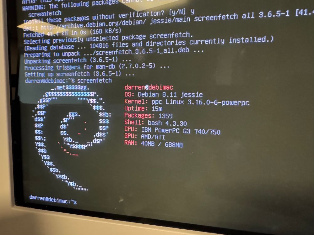 Debian output showing the system configuration of the power Macintosh