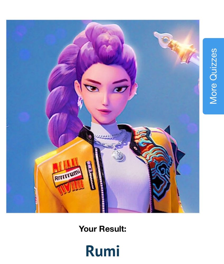 A screenshot showing a girl will long purple braided hair a white croptop and a yellow jacket. Underneath it says Your Result: Rumi