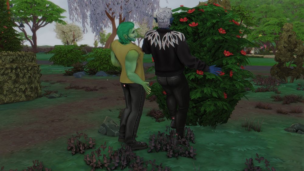 Spruce giving Throne a smack on the butt before entering the woohoo bush.