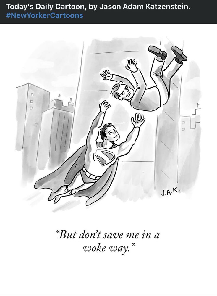 The black-and-white cartoon by Jason Adam Katzenstein features two main characters in midair against a backdrop of a city skyline with tall buildings. One character, dressed as a superhero with a cape and a large “S” on his chest, is flying upward with arms extended. He is reaching out to catch or rescue another man who is falling headfirst from a tall building. The falling man has his arms up in surprise or alarm and is facing the superhero. His facial expression appears concerned or serious. 

Below the image is a caption that reads:

“But don’t save me in a woke way.”

The cartoon is signed “J.A.K.” in bottom right corner.