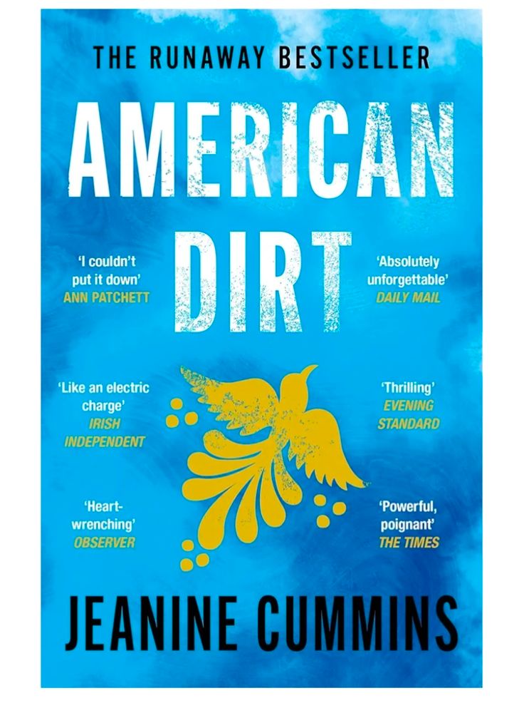 The book cover of American Dirt by Jeanine Cummins - a yellow / gold dove against a blue background 