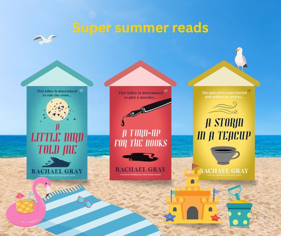Beach scene showing a beach towel, sandcastle, bucket and spade and the three covers of my books - made to look like beach huts