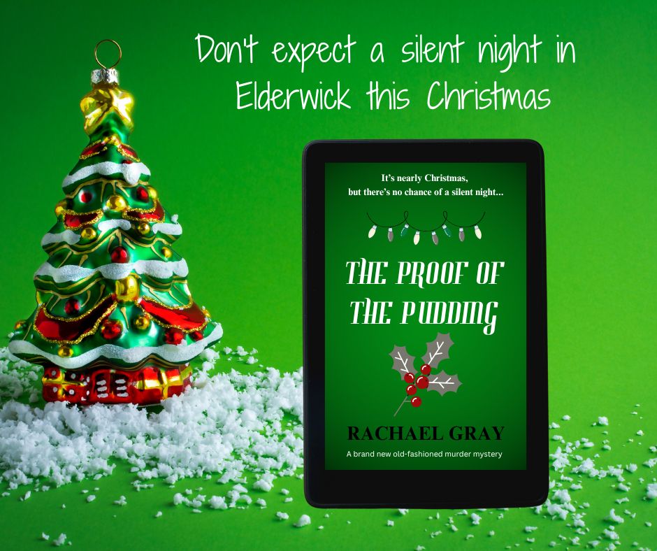 An image of a Christmas tree ornament in the shape of a Christmas tree, alongside the cover of my upcoming book: The Proof of the Pudding