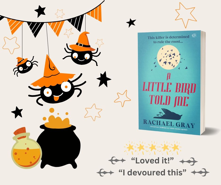 An image showing the cover of the book 'A Little Bird Told Me' alongside cartoon spiders wearing orange witches hats and a cauldron.