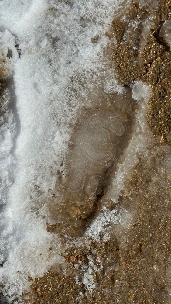 An imprint of a child’s gumboot in slush, depicting a happy smiling face ❤️