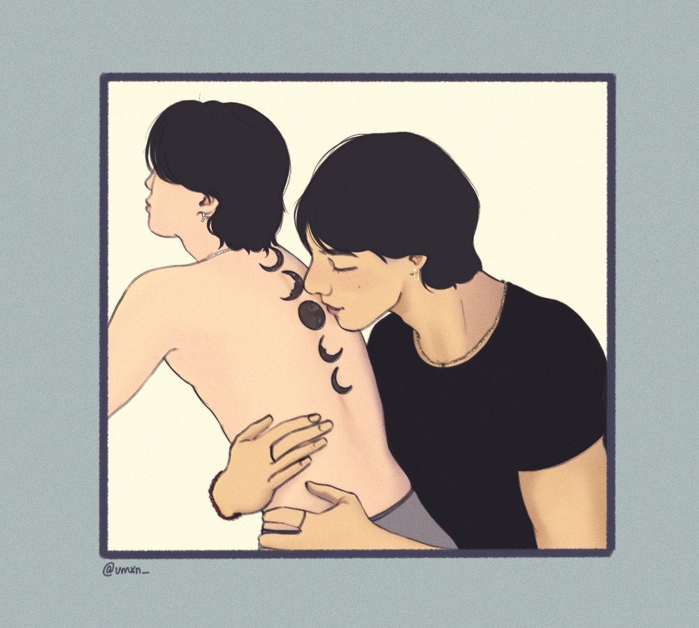 Vmin fanart - drawing of jm sitting on th's lap, while th kisses the moon phase tattoos along jm's back