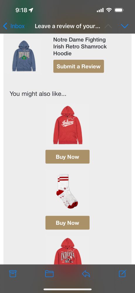 Email from Homefield Apparel requesting I review an order for a Notre Dame hoodie and suggesting the purchase of Indiana gear.
