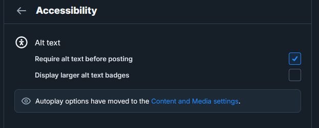 The accessibility options screen in bluesky, showing the "require alt text" option.